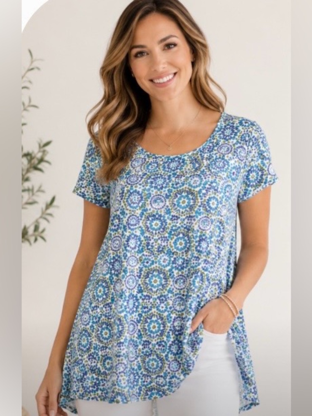 Fresh Produce Made in USA 100% Cotton Swing Tunic Top Blue Medallion Print Small